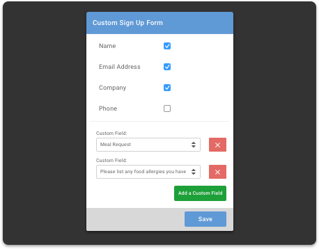 Event ticket purchase with custom fields for association members.